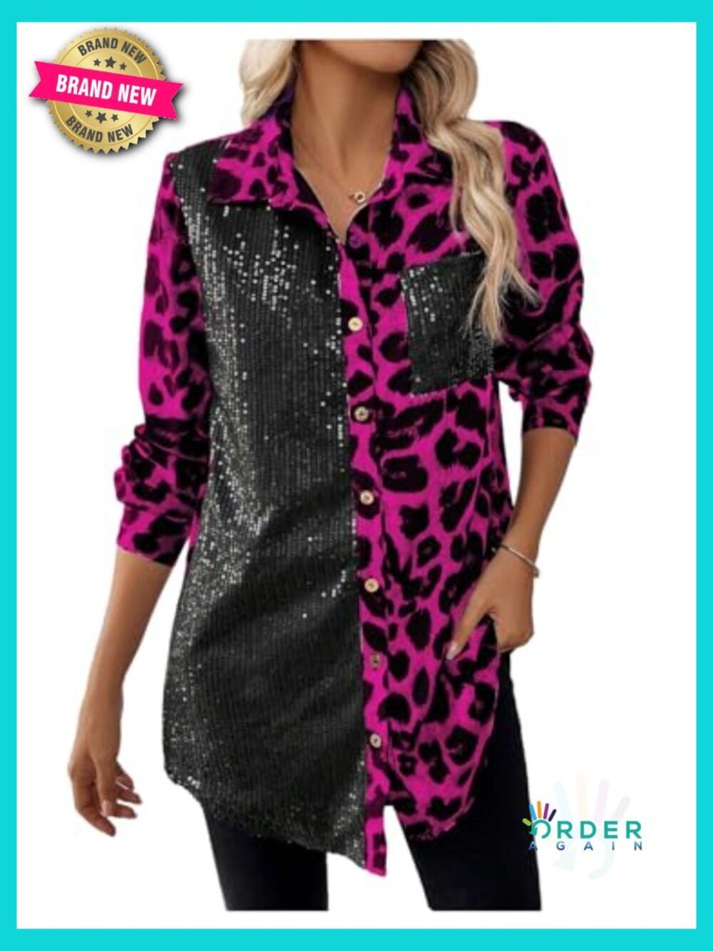 Leopard Print Sequin Button Down Long Sleeve Blouse Y2K Tunic Top - Picture 5 of 5